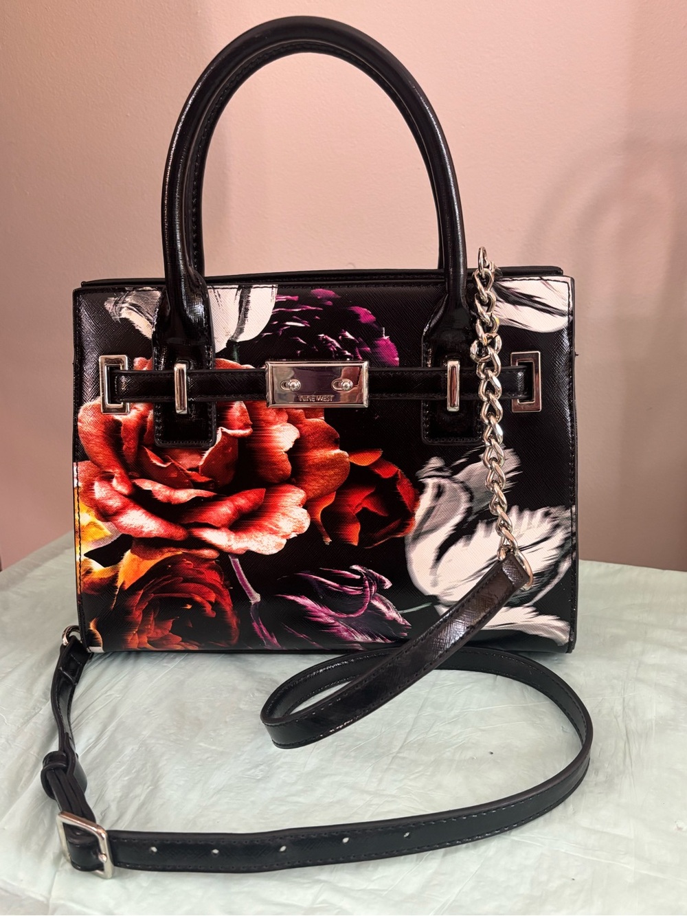 Nine West Floral Leather Satchel Handbag - Black with Red Floral Print